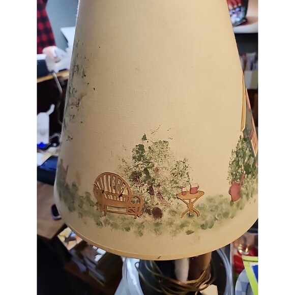 Handmade Folk Art Lamp Rustic Wood Base Textile Spools Painted Cottage Shade - Picture 7 of 13